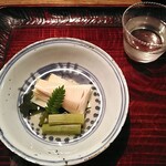 ななしの庵 - 若竹煮+ふきのとうの茎　雌株を焼くことで粘りと味の濃さが出る、ふきのとうの茎はぎりぎりの季節感だが、いい苦みと食感。筍は言わずもがなですね。出汁も最小限にして食材のおいしさを感じられました。　