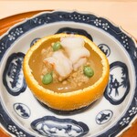 銀座 しのはら - デコポン、あん肝、クマエビ、蒸し寿司