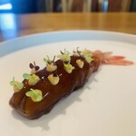 レストラン ウオゼン - ②【冷前菜】
      牡丹海老のブイヤベースジュレコーティング、2種風味のルイユソース（サフラン、大蒜）のせ