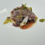 Ristorante Ecru - モチ鰹の藁焼き、フルーツトマト、蕗の薹の味噌とフリット