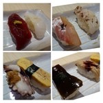 Sushi Kappou Hanaemaki - 握り共通
                        上左：マグロ・水烏賊　上右：鯛の昆布〆・あらの炙り
                        下左：タコ（辛味もろみのせ）・玉　下右：鯖昆布〆・アナゴ