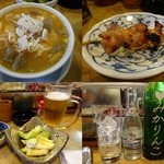 鳥政 - 鳥にこみ￥490/とり（正肉）￥140/食べかけのマカロニサラダ￥390と枝豆/みかりんこボトル篝火(ボトル）￥2900