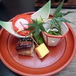 茶寮 花時 - 酢の物・白桃大福・カステラ・うなぎ