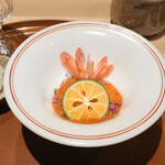 銀座 しのはら - エビのウニ紹興酒ソースあえ