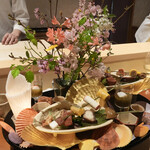 銀座 しのはら - 4月の八寸 4月の8日がお釈迦様の誕生日(お花祭り)、お花に包まれたお釈迦様に甘茶をかける