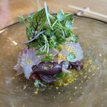 蕎麦 Hajime - 石川県真鯛昆布締め　菜の花　ホタルイカ　カラスミ