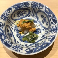 鮨 楽味 - すずき　あん肝ソース　菜の花の辛子和え