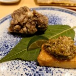 銀座 しのはら - 粟麩を田楽風に、上に蕗味噌を乗せたものを添えて
