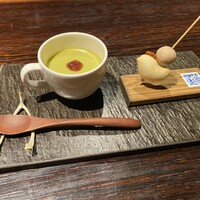YAKITORI 燃 es - 前菜　鳥のリエットとクラッカー、アスパラの茶碗蒸し、梅ソース