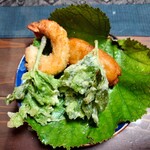 なつかしゃ家 - 天ぷら（えび、芋餅、長命草）