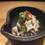 蕎麦 案山子 - 白和へ（冬子椎茸・干柿・菜の花・こんにゃく）