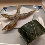 割烹　梅津 - お付きだし　キビナゴの天ぷらと鯛寿司