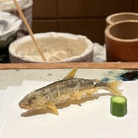 天ぷら 元吉 - 稚鮎（天然物を獲り養殖した鮎）琵琶湖より
                天ぷらにする事で香りが飛んだ分、添えた胡瓜が補う仕立て、考えたものですね！
                内臓の苦味が次第に甘みへと変化するのが大好きです♪