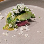 CULACCINO - 今別のイノシシのヒレ肉、アスパラ、花わさび、山わさびを振りかけて