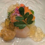 馬車道 大かわ - 三河のタイラギ貝　赤貝　うるい　旨出汁ジュレと蕗の薹味噌掛け