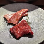 297894582 - 神戸牛(山崎牧場)特選部位2種 タレ焼き 三角バラ・マルカワ