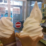 右側:豆乳・生乳ミックスソフト￥200、左側:同じくミニソフト￥100