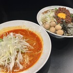 豚風。 - 限定『台湾つけ麺』（1,400円）＋燻製うずら（150円）＋パクチー（100円）＋さらしネギ（100円）、ニンニクコール
