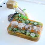 オードブル　ラパン背肉と夏野菜のミトネ　パヌーフルのクロメスキとピクルス　サマートリュフのヴィネグレット
