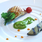 ポアソン　築地からの本日の魚　黒ムツとほうれん草のショーソン仕立て　茄子のカネロニ　プチトマトのコンフィ　ハーブ入りムースリーヌソース