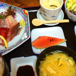 海鮮魚市 満寿美 住吉店 - 刺身定食
                                セットにするとこれに海老フライ、うなぎ等がプラスされます。（セットによって刺身の内容が若干違うかもしれません）