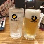 大衆食堂 てんぐ大ホール - 酎ハイは¥190と爆安、生ビールは安定の黒ラベル。ビールいっぱい呑む人は大瓶のほうがいいかも。