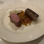 NALA - メイン肉料理 犀川産猪ロース、自家製猪ソーセージの薪焼き ふきのトマト煮込み、タケノコ添え