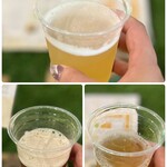 オージーエー ブルーイング カフェ - 左下①三鷹ペールエール…濃い色ですが…この量(ﾟoﾟ;;
右下②緑星…これも…半分ほど…(･･;)うぅむ…。
上③あんずエール…私はこれを。
ジュースみたいにフルーティーで飲みやすく美味しいです♪