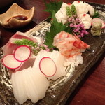 和食　貴山 - 本日のお造り　あおりいか・いなだ・車海老・鱧。２０１４年８月