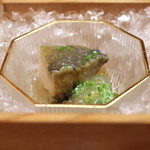 松川 - 「先付」・・・・・“鮑 ”と “おくら” の鮑のジュレがけ　(2014/08)