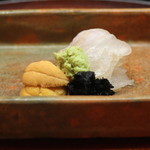 松川 - 「お造り」・・・・・鰈 と 雲丹　(2014/08)