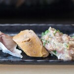 惣四郎 - 2025.4 〆サバ（1貫 200円）、あん肝のにぎり（1貫 200円）、房州名物あじなめろう（1貫 200円）