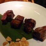 鉄板焼grow 後楽園店 - メインの赤城牛の各部位食べ比べ（シンタマ・フィレ・サーロイン・イチボ）