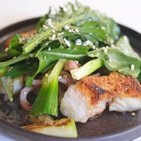 ヌキテパ - ランチコース 7475円 のヒラメ、スズキ、ヤリイカのソテー ネギとバターのソース ルッコラなどのサラダ