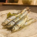 魚菜料理 縄屋 - ⑤【進肴】
      由良川産天然稚鮎、花山葵の甘酢漬け添え