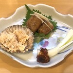 いな穂 - お通し（鯛の卵の煮付け、穴子、エシャロット）