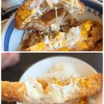 太光庵 - 1cm強ほどの薄めのカツですが…
持ち上げるとその重力に思わずグニャリ！(≧∀≦)
しっかり濃い味の割り下ですので、
セットのミニライスに乗せていただくと、
カツ丼としても楽しめ、一膳で二度美味しい♡