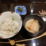 割烹 新多久 - タラの芽の土鍋ご飯、おかずいろいろ（猪のフライ等）