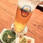 旬海佳肴 一家 - 生ビールにお通し　お通しからして美味しい
