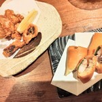 旬海佳肴 一家 - タコ唐と海老と白身魚チーズ春巻き　ビールで間違いなし