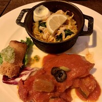 スペイン料理 La Cazuela 三ノ宮 ミント神戸店 - *  季節のミニパエリア<桜エビと菜の花>
                    *  白身魚のカダイフ揚げ
                    *  鶏もも肉のトマト煮込み〜チリンドロン〜