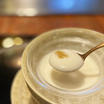 八王子うかい亭 - 甘みのある八王子産の新玉ねぎを使っているとのこと。
      真ん中のコンソメゼリーとよく混ぜて。
      氷で適温に冷やされたスープは
      僅かにザラっと食感を残しつつも滑らかな口当たり(๑'ᴗ'๑)