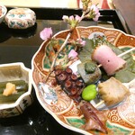 澤田 - 蛸旨煮、蛍烏賊燻製、ヨコワ燻製、蓬麩田楽、合鴨ロース　蕗など