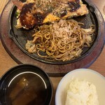 弥太郎 - Aランチ✧︎*。お好み焼きハーフ＆焼きそばハーフに味噌汁とご飯、コーヒー付き☕️で700円税込
