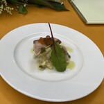 Au Depart Cinq fers - 鰆の炙り、鯖のブランダート　ジェノバソースと新玉ねぎヴィネグレット