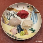 御料理 寺沢 - 本鮪の中トロ､星鰈､同 縁側､槍烏賊の炙り