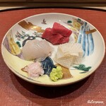 御料理 寺沢 - 本鮪の中トロ､星鰈､同 縁側､槍烏賊の炙り