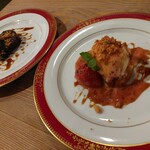 LODGE - ショコラのテリーヌとピスタチオのアイスクリーム&パンパルデェと苺のマルムラード ラムレーズンアイスクリーム添え