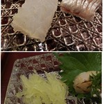 割烹 恵比寿 - ＜初回・８月＞キレイに飾り包丁が入ったお造り。下は黄色くなった大根のケンじゃありませんよ。そうめん南瓜です。付け合せも夏らしい。