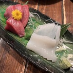 まさむね - 天然メジマグロ刺身、ヤリイカ刺身